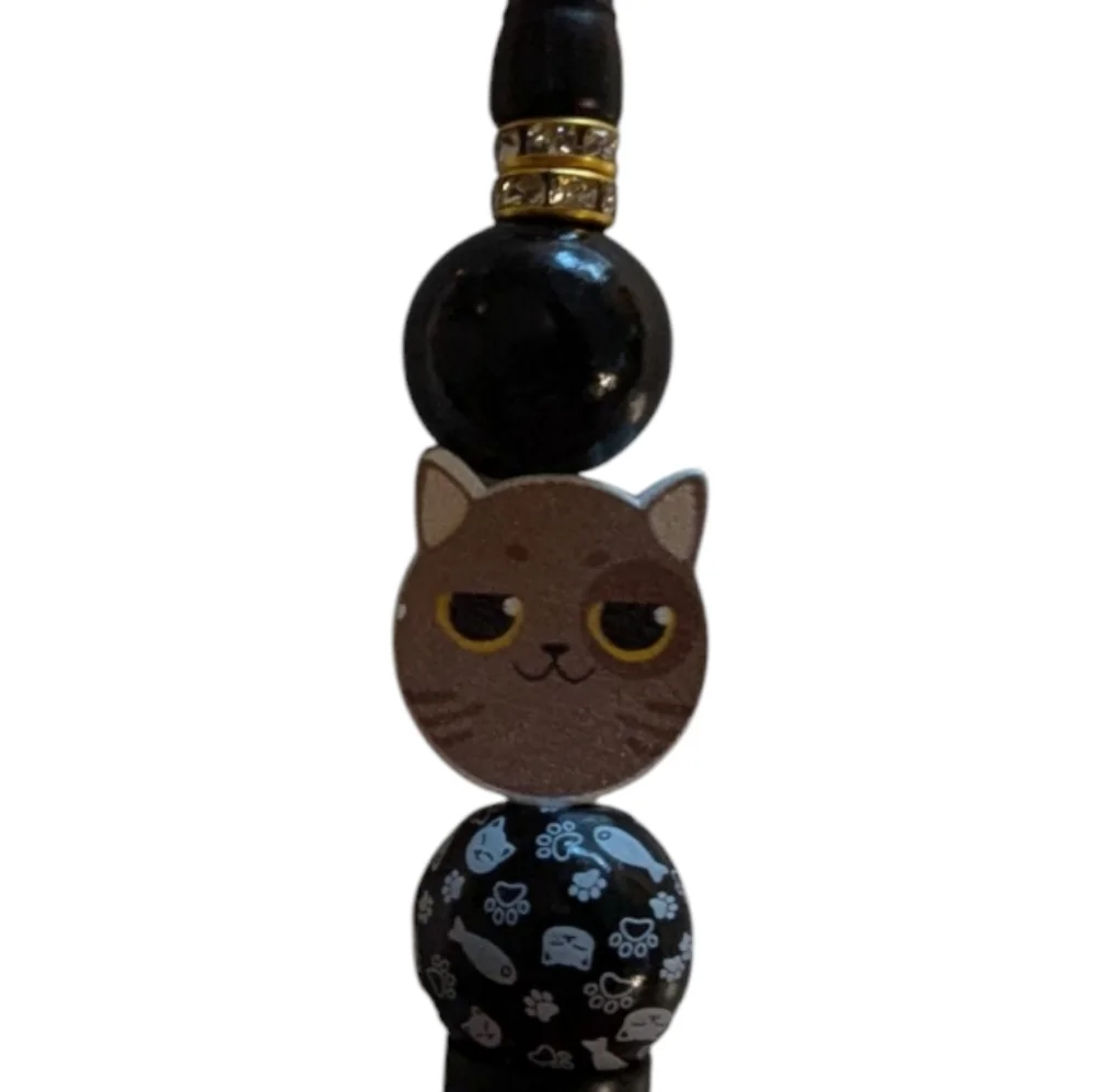 Hand Crafted Cat Pen Black Brown Paws Beads  Twist Ballpoint NEW H-023